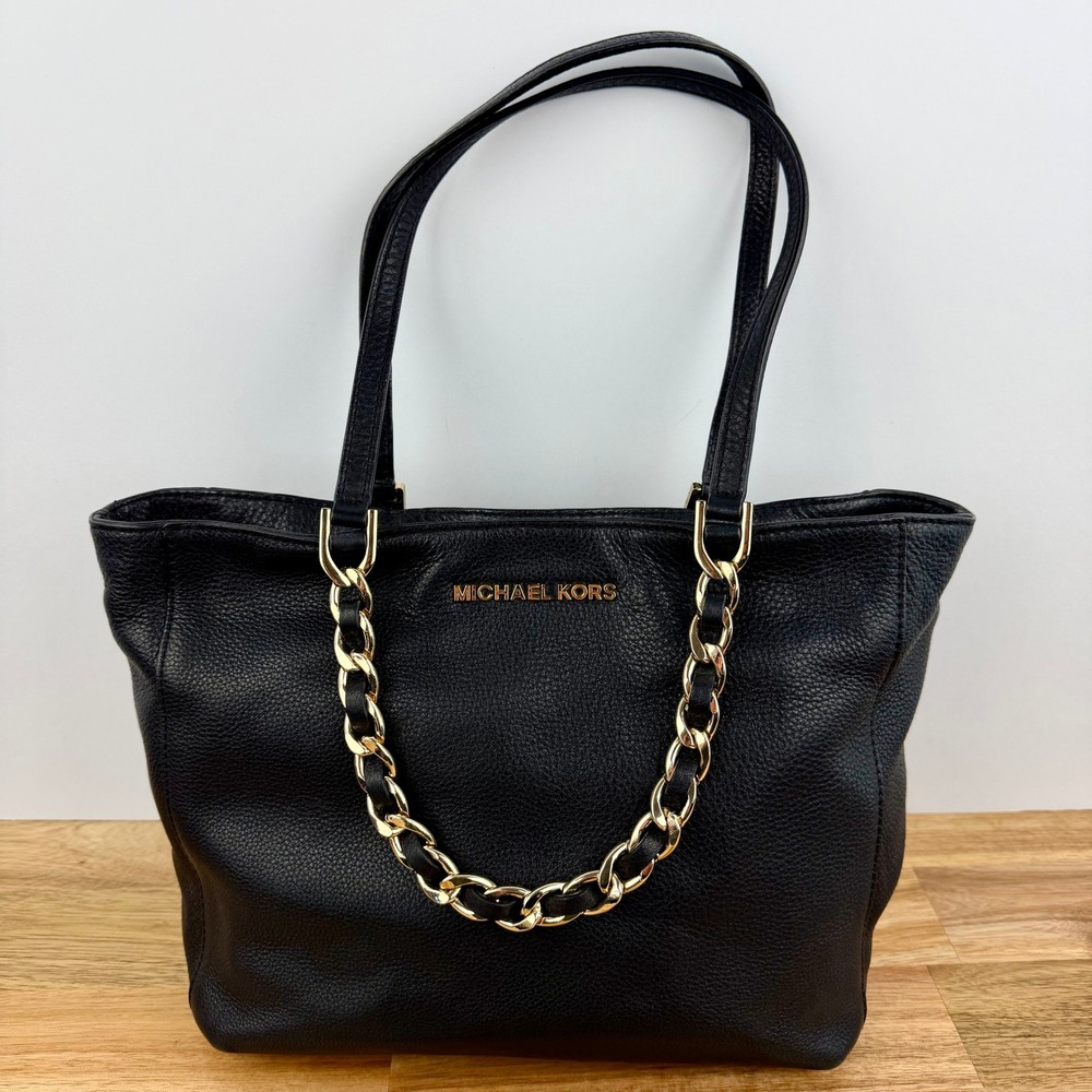 Michael Kors Harper Black Pebbled Leather Tote Bag Gold Chain Shoulder Bag Large